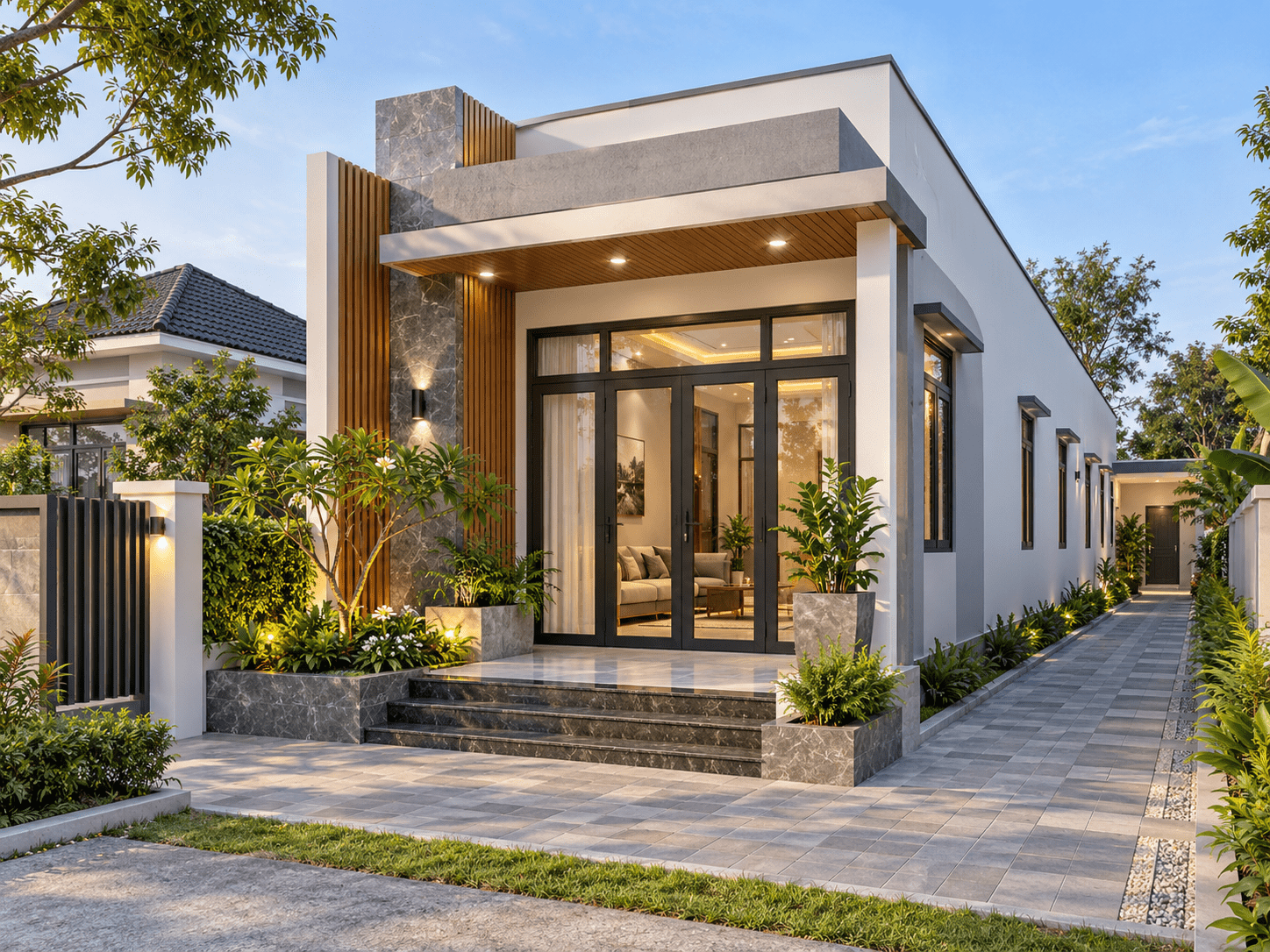 Mẫu nhà cấp 4 đẹp 5x20 mái tôn mái bằng