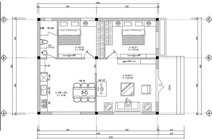 Bản vẽ nhà cấp 4 kiểu ống mái thái