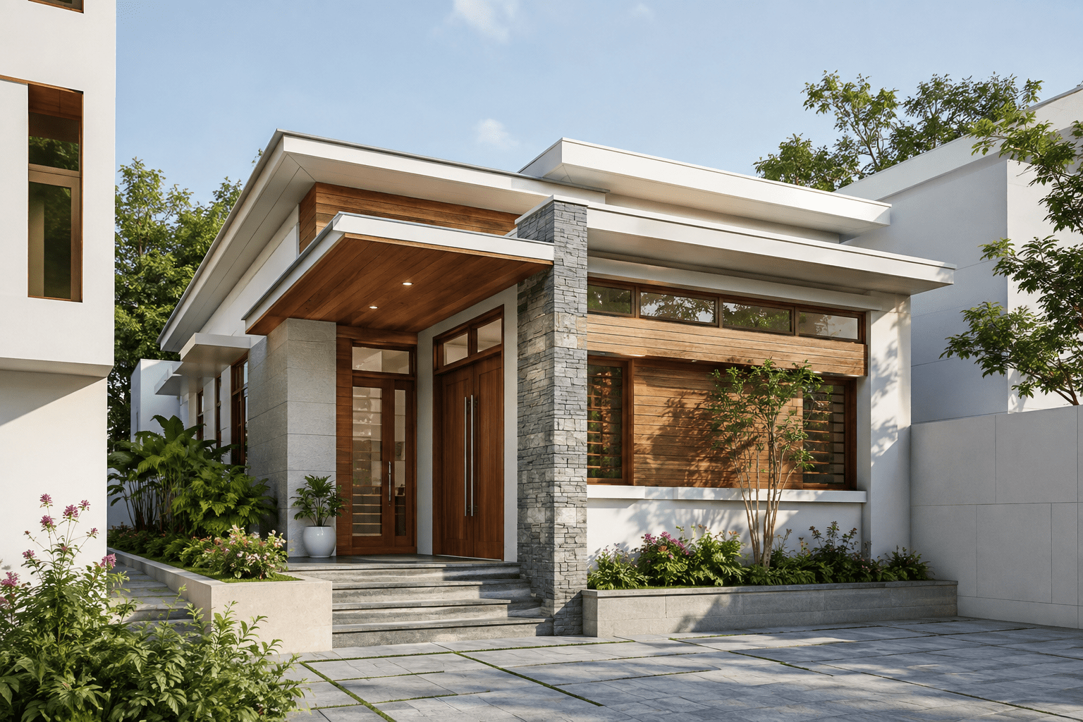 Mẫu nhà cấp 4 đẹp mái lệch 2 phòng ngủ đẹp, hiện đại
