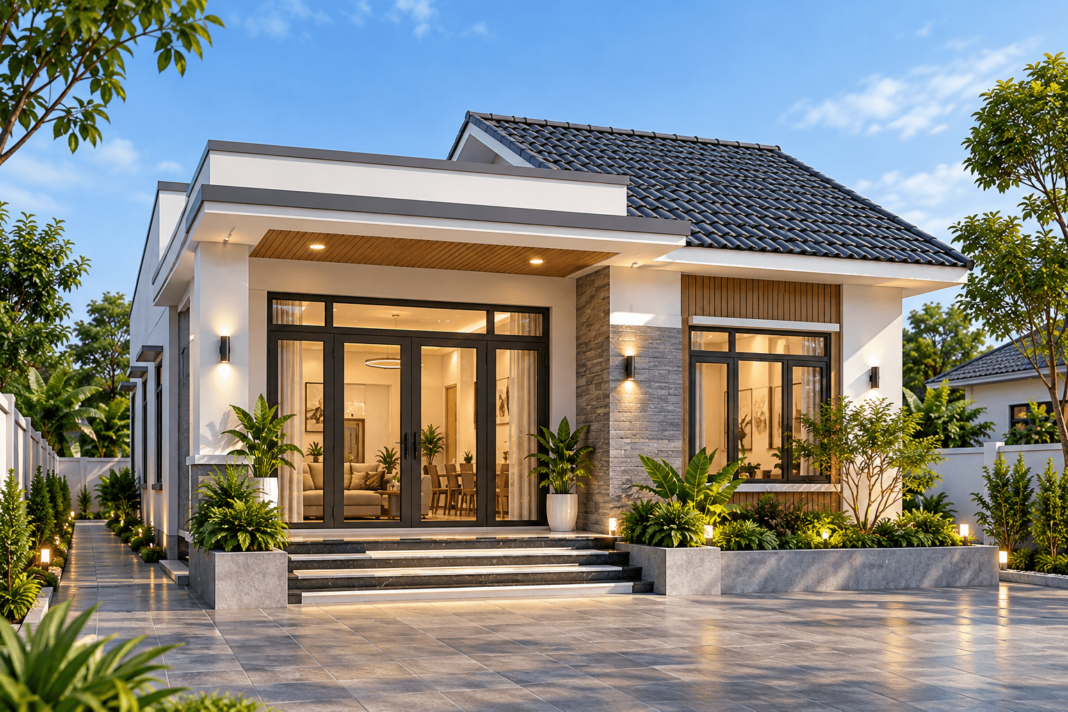 Mẫu nhà cấp 4 mái bằng kết hợp mái ngói tạo điểm nhấn cho mặt tiền nhưng vẫn giữ tổng thể kiến trúc hiện đại, gọn gàng