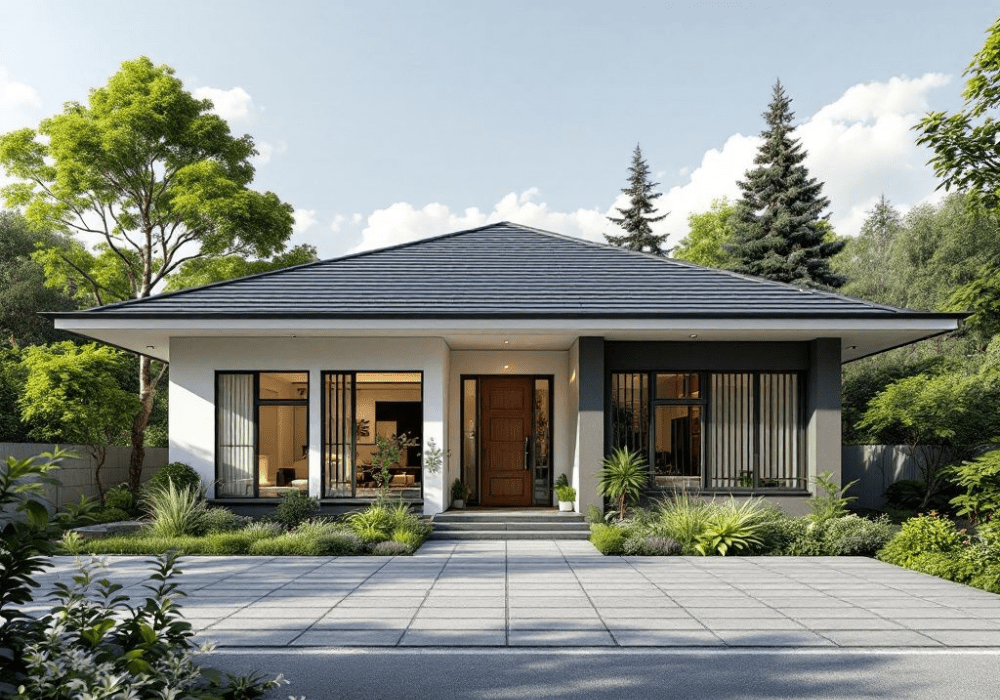 Mẫu nhà cấp 4 mái Nhật 3 phòng ngủ 120m2 trần hộp có tiểu cảnh và chỗ đậu xe hơi