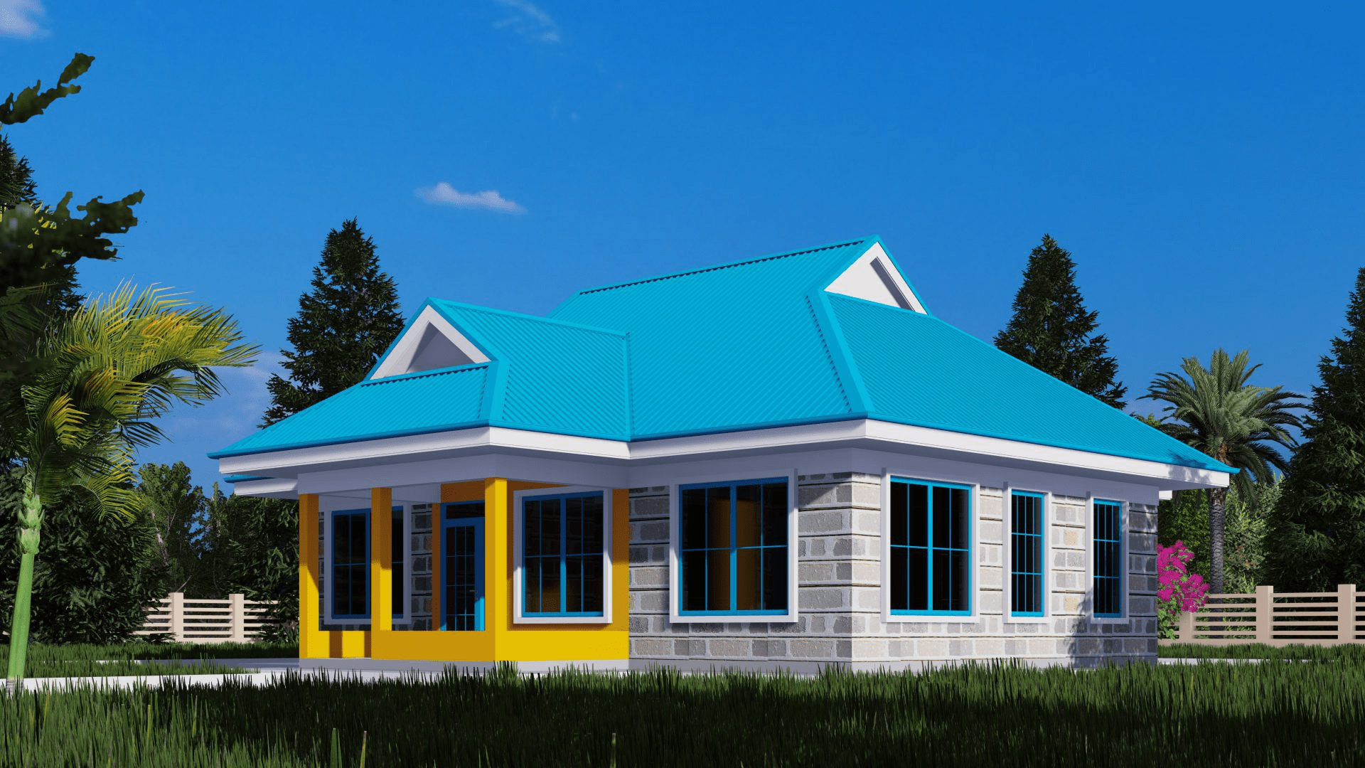 Mẫu nhà cấp 4 mái Thái chữ L 2 phòng ngủ độc đáo