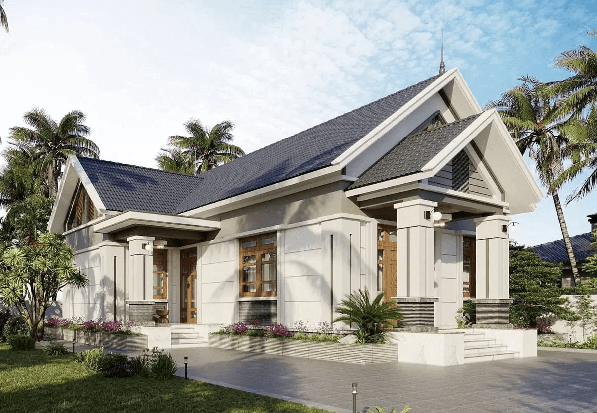 Mẫu nhà cấp 4 mái Thái chữ L có gác lửng đẹp