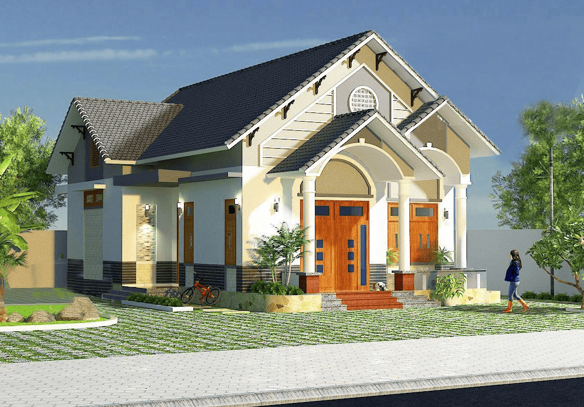 Mẫu nhà cấp 4 mái Thái chữ L có gác lửng giúp tối ưu diện tích