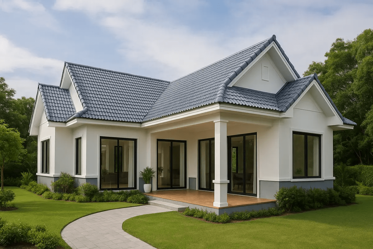 Mẫu nhà cấp 4 mái Thái chữ L có gác lửng với phong cách kiến trúc tối giản