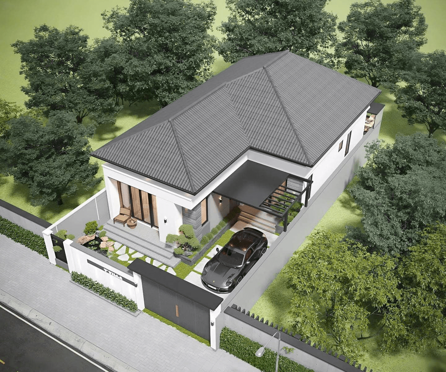 Mẫu nhà cấp 4 mái Thái chữ L hiện đại