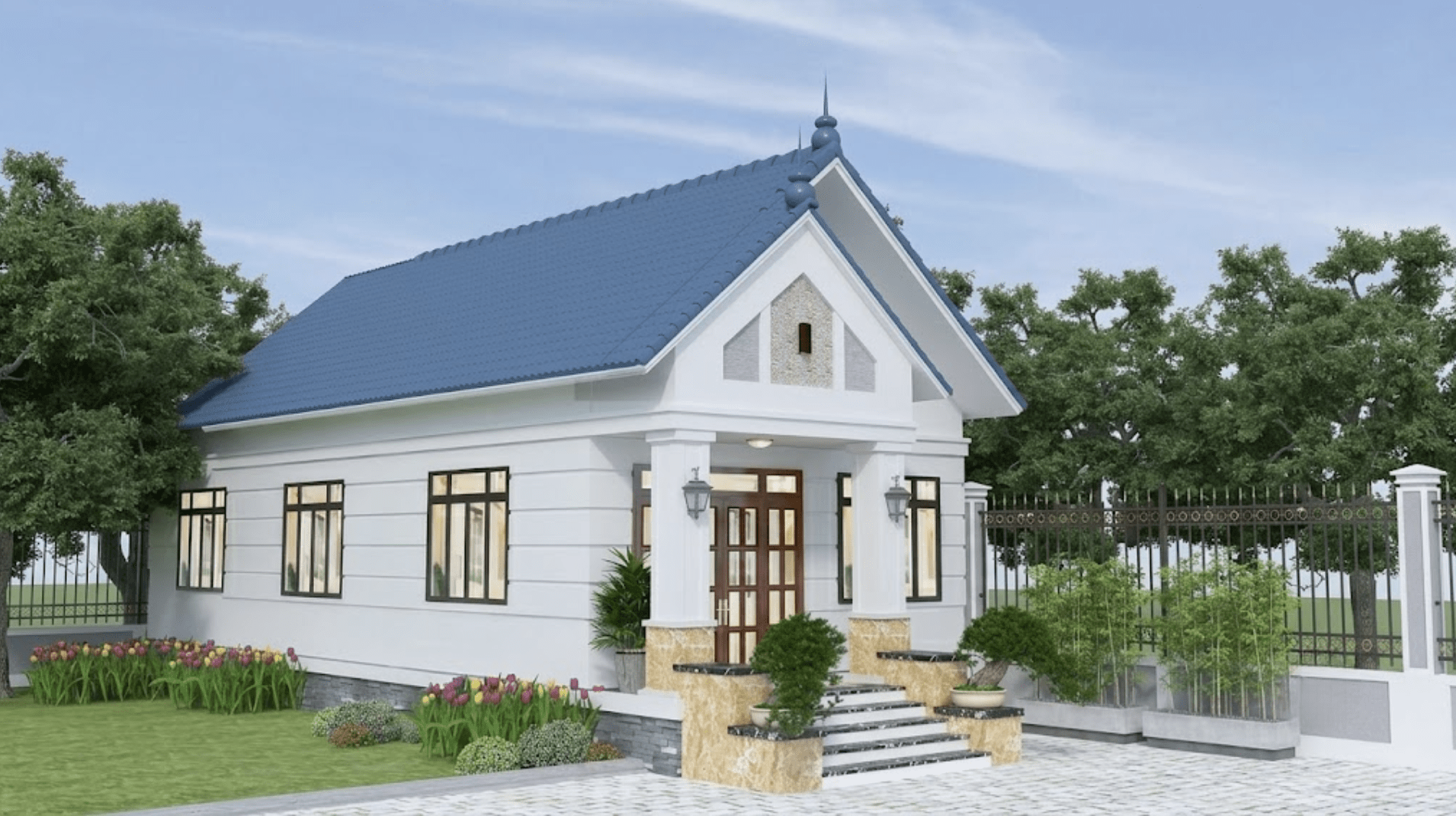 Mẫu nhà cấp 4 mái Thái đơn giản có bậc thềm cao