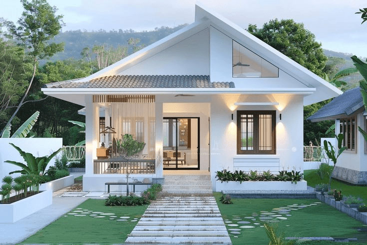 Mẫu nhà cấp 4 mái Thái gác lửng có phần thiết kế mái đặc sắc