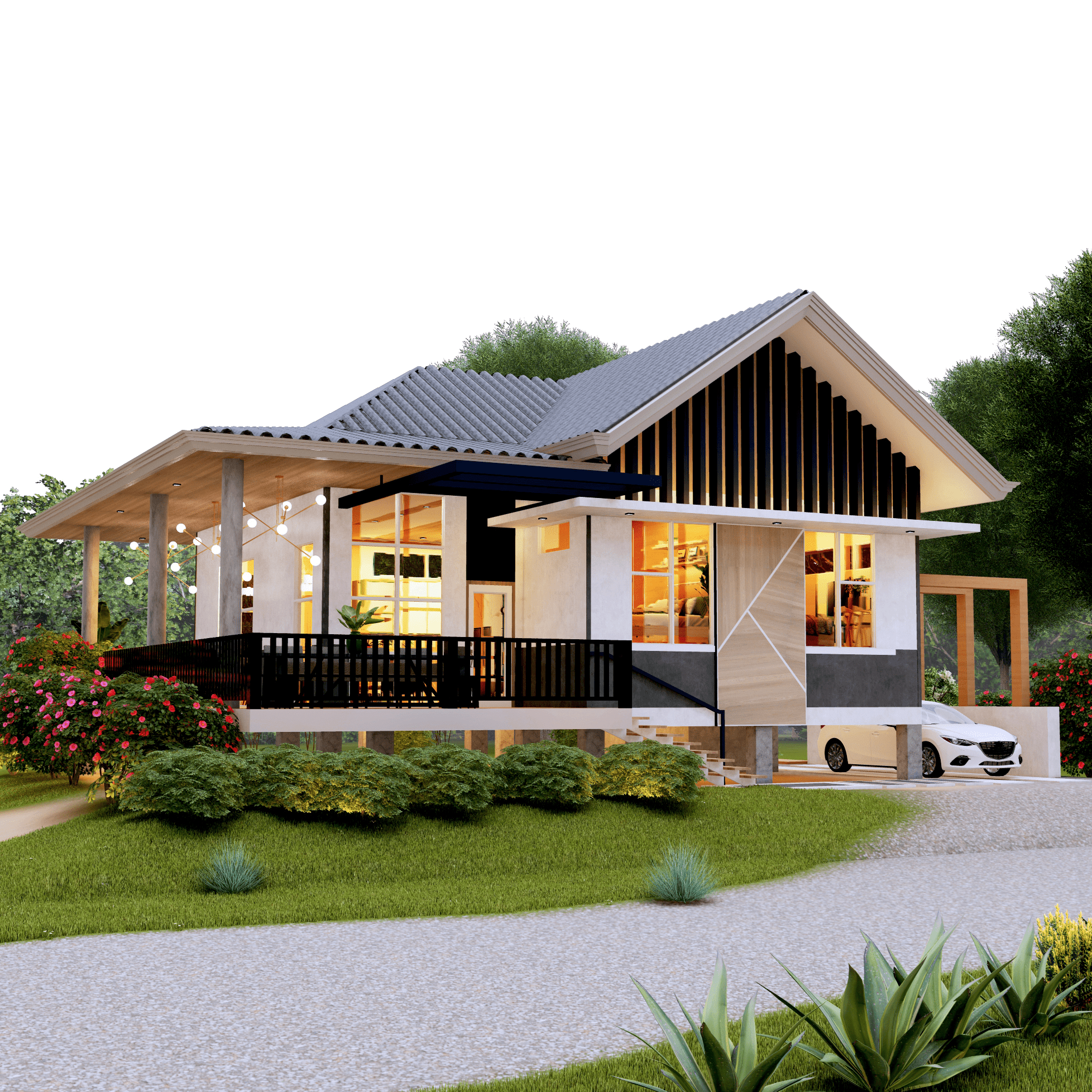 Mẫu nhà cấp 4 mái Thái gác lửng ở nông thôn có sân vườn rộng