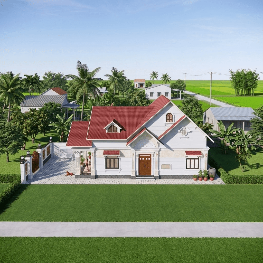 Mẫu nhà cấp 4 mái Thái gác lửng ở nông thôn vô cùng khang trang