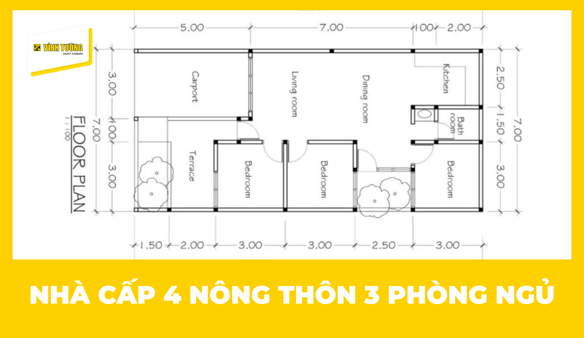 Mẫu nhà cấp 4 nông thôn 3 phòng ngủ