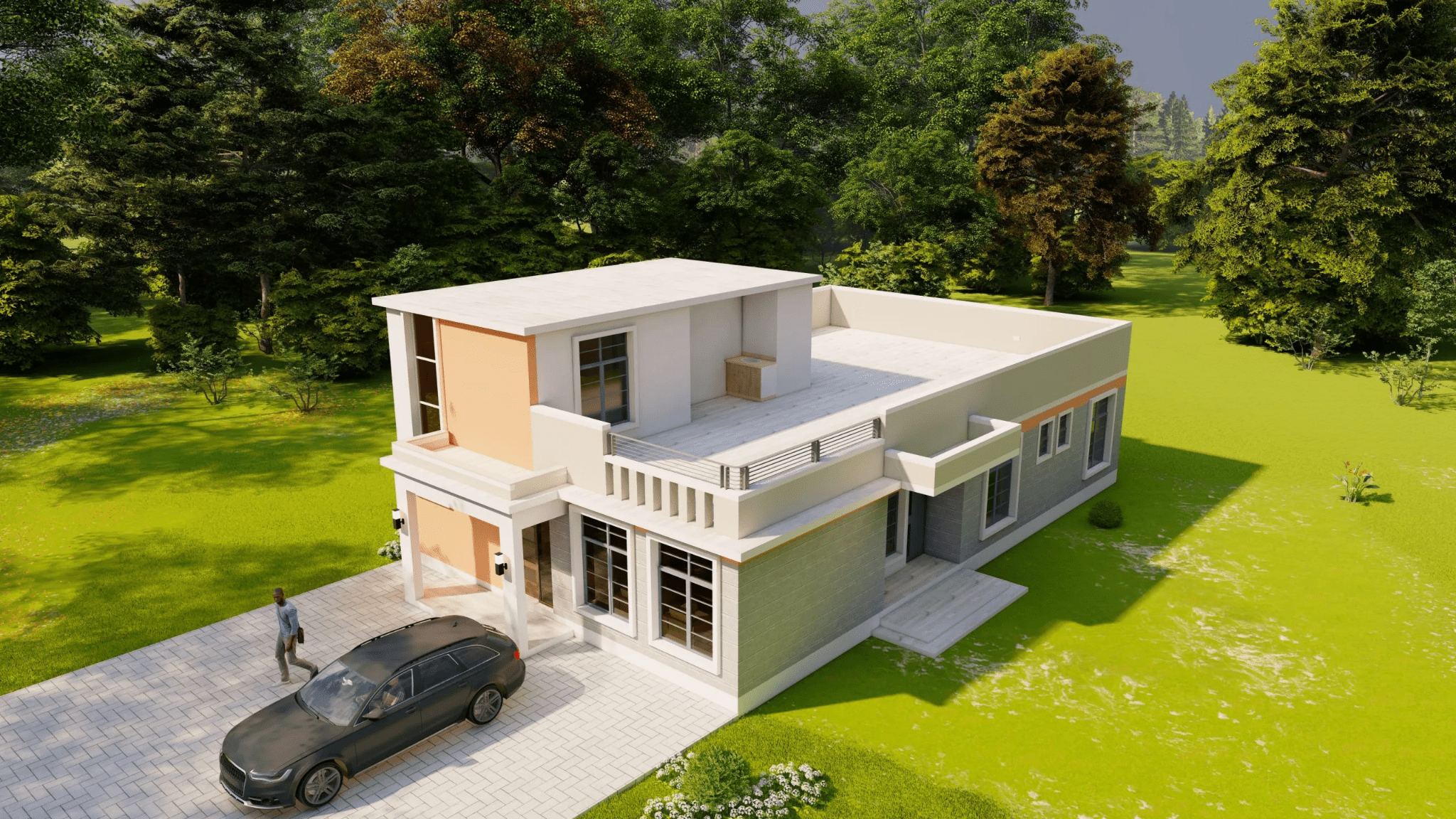 Mẫu nhà cấp 4 nông thôn mái bằng có sân thượng kết hợp gác lửng