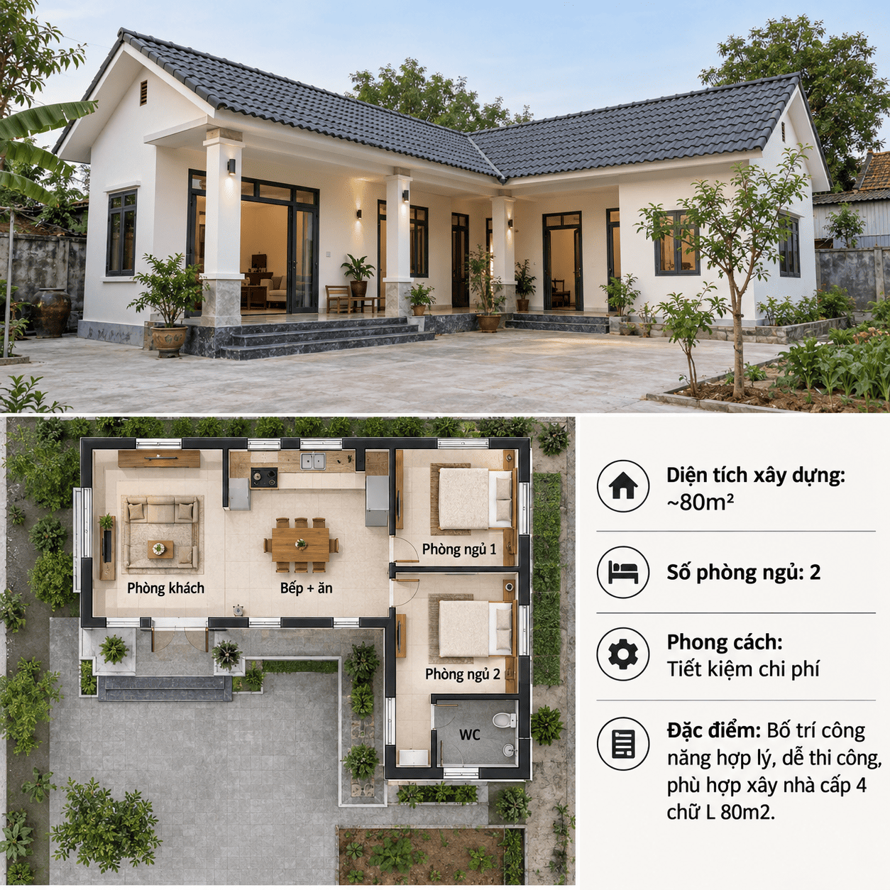 mẫu nhà chữ L cấp 4 80m2 giá rẻ