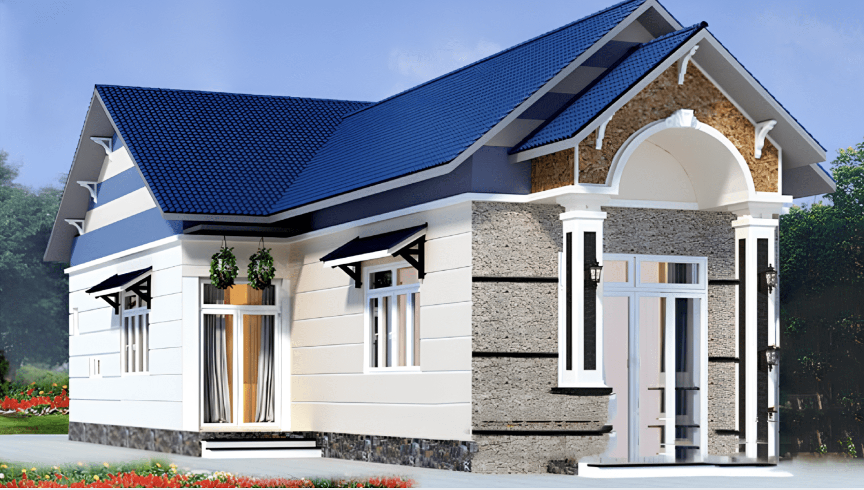 Mẫu nhà chữ L cấp 4 đơn giản mái Thái xếp tầng