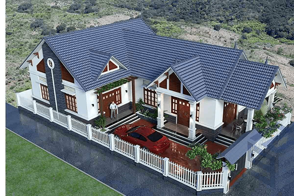 Mẫu nhà chữ L cấp 4 kiểu biệt thự với 3 sảnh ngoài