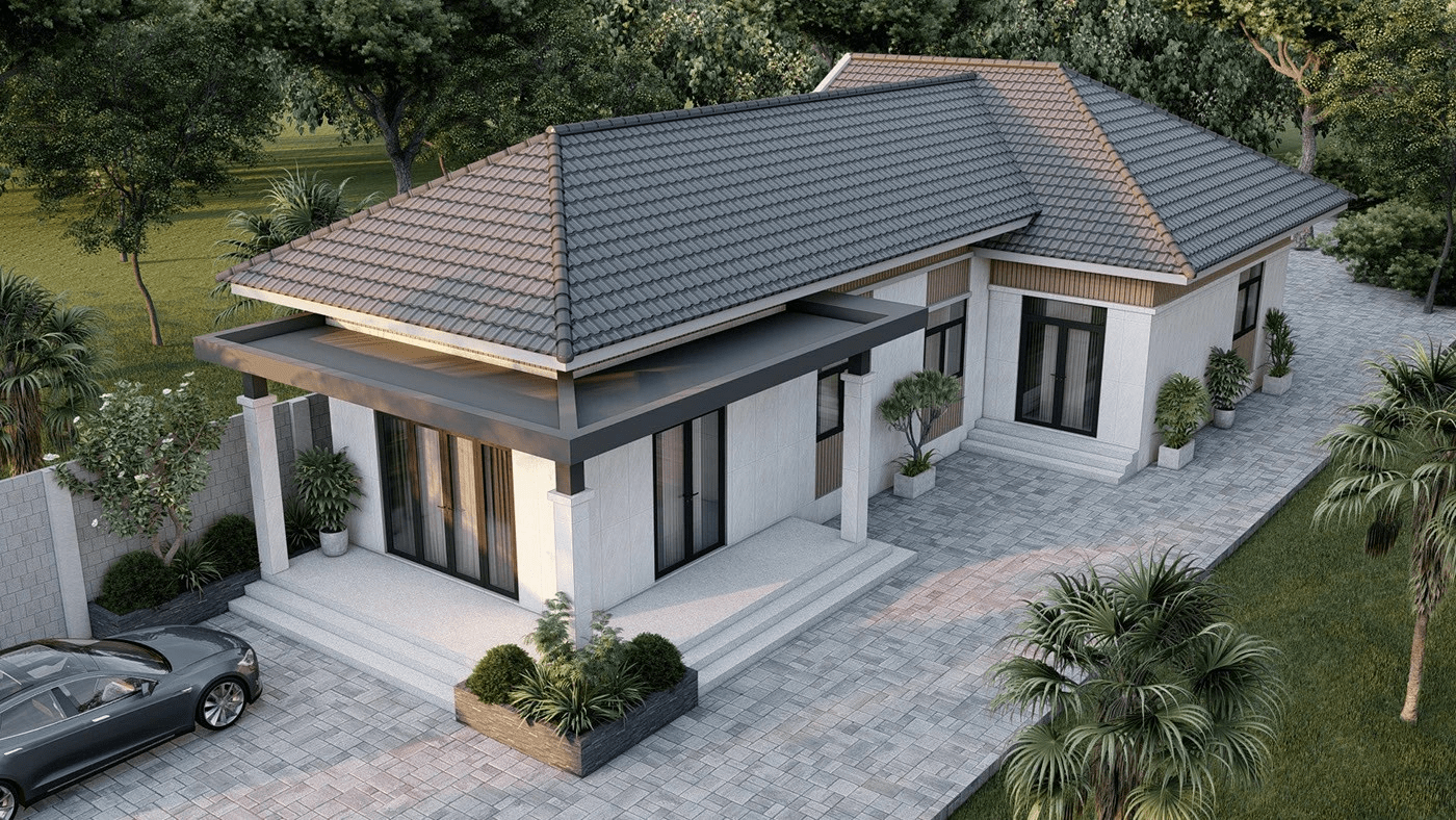 Mẫu nhà chữ L cấp 4 mái Nhật có phần mái che tiện nghi