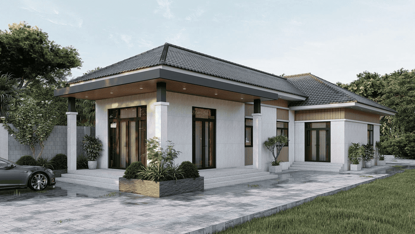 Mẫu nhà chữ L cấp 4 mái Nhật nhỏ gọn, hiện đại