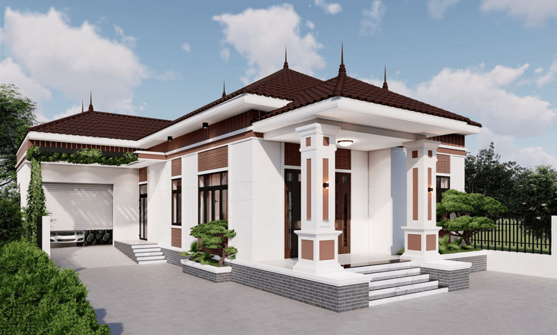 Mẫu nhà chữ L cấp 4 mái tôn màu nâu truyền thống