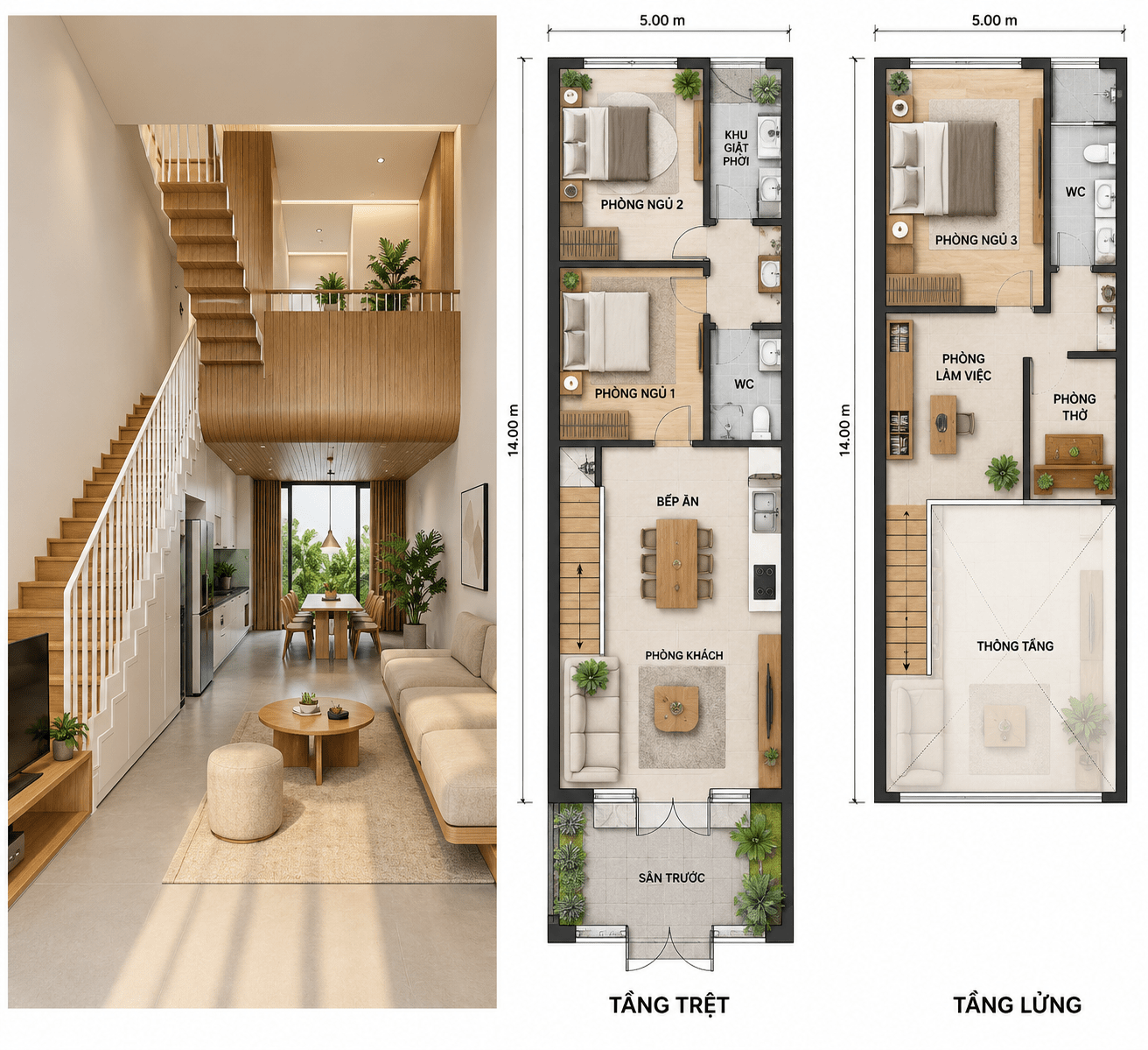 Mẫu nhà gác lửng 5x20m với phòng khách liền bếp và 2 phòng ngủ ở tầng trệt