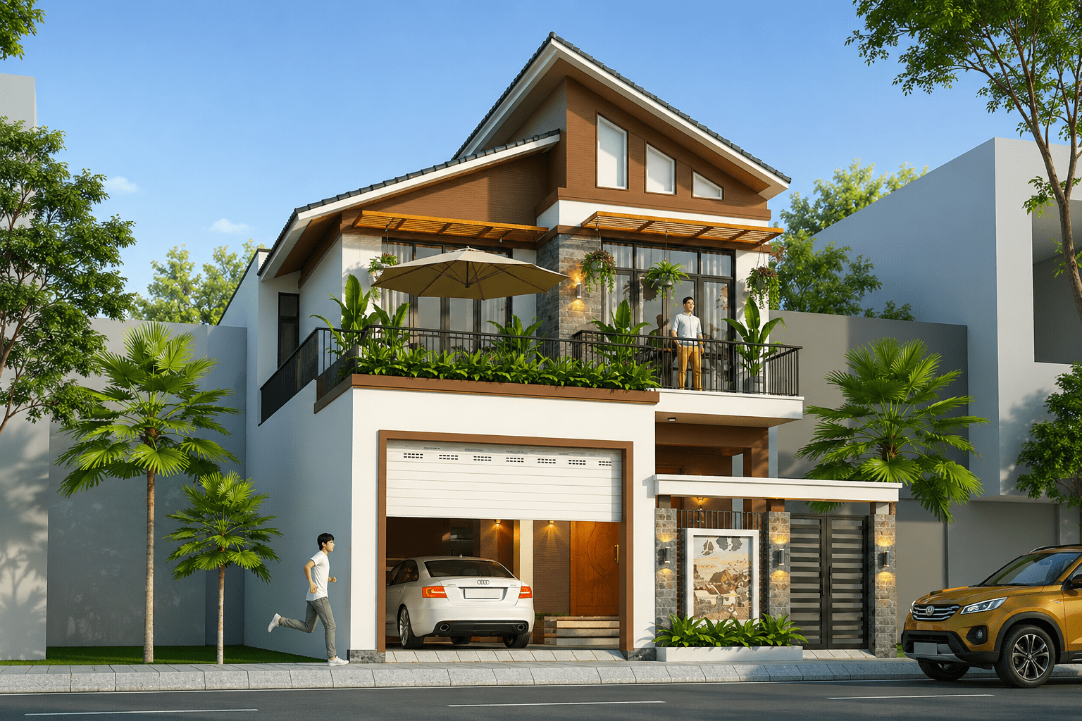 Mẫu nhà mái lệch kết hợp với gara ô tô