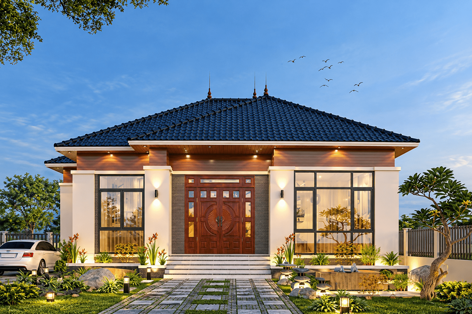 Mẫu nhà mái Nhật cấp 4 hiện đại với cửa gỗ và nhiều mảng cửa kính