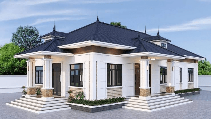 Mẫu nhà mái Nhật đơn giản sử dụng hình khối gọn và hạn chế chi tiết trang trí