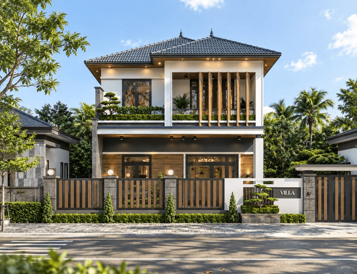 Mẫu nhà mái Nhật hiện đại kết hợp hình khối vuông vức với hệ mái dốc nhẹ