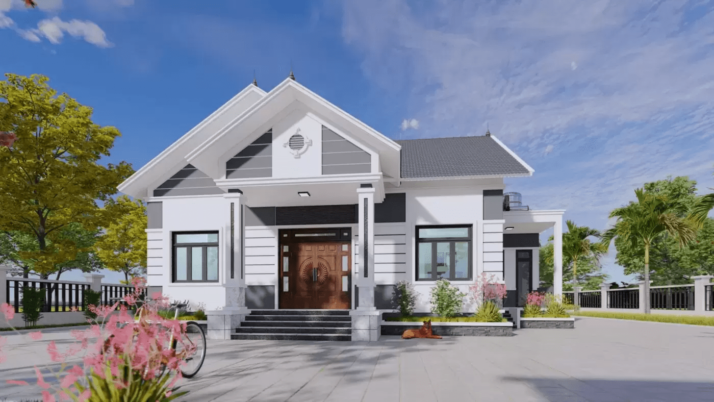 Mẫu nhà mái Thái cấp 4 hiện đại với tông màu xám - trắng