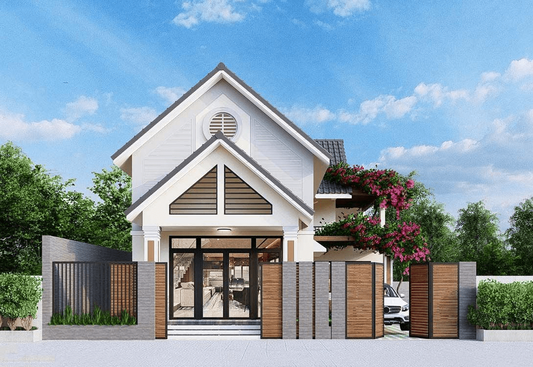 Mẫu nhà mái Thái gác lửng đơn giản có gara