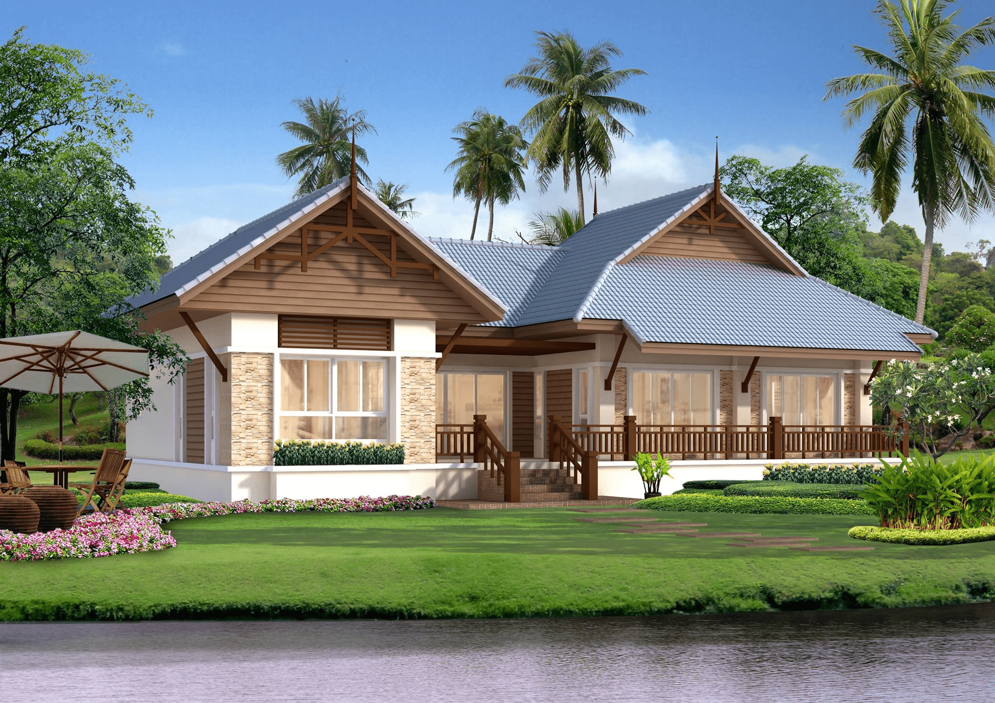 Mẫu nhà mái Thái gác lửng tân cổ điển bề thế ở nông thôn