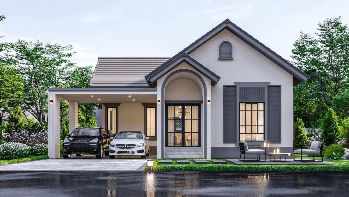 Mẫu nhà ngang cấp 4 mái Thái có gara ô tô rộng