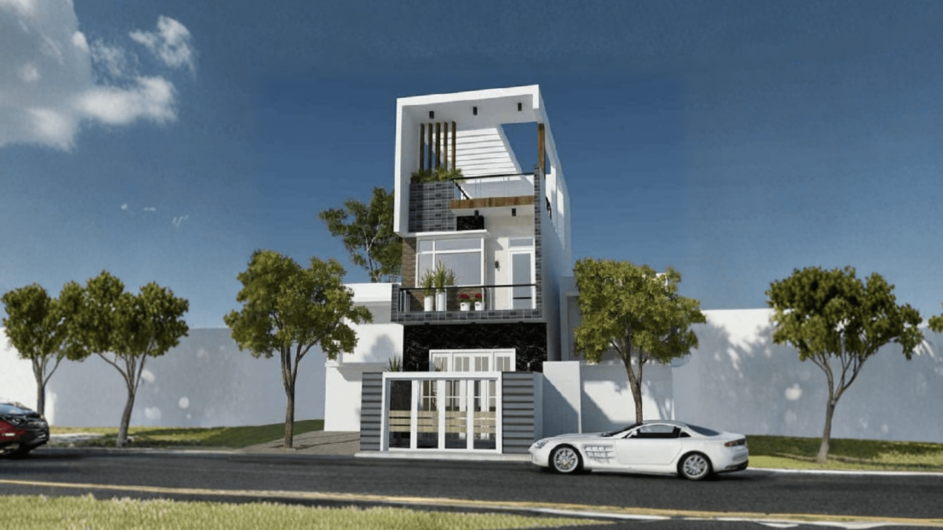 Mẫu nhà ống 2 tầng có giếng trời giúp đưa ánh sáng vào khu vực giữa nhà