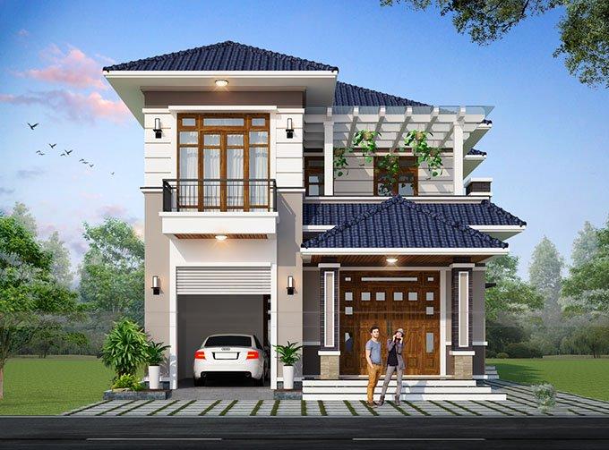 Mẫu nhà ống 2 tầng mái Nhật có thiết kế hầm đỗ xe