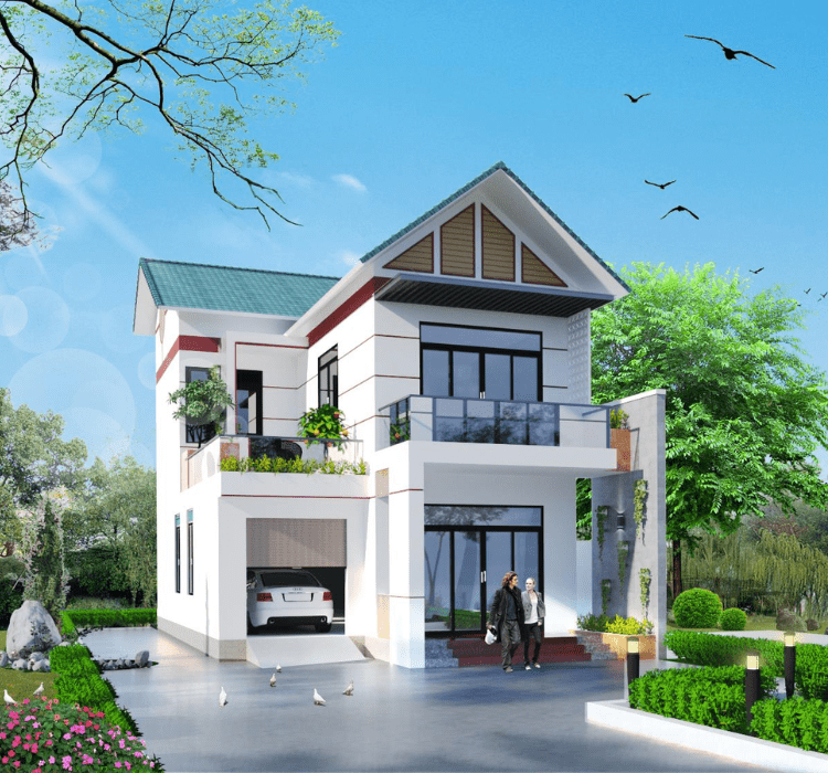 Mẫu nhà ống 2 tầng mái Thái thiết kế hình chữ L có cách âm phòng ngủ hiện đại, thoáng mát
