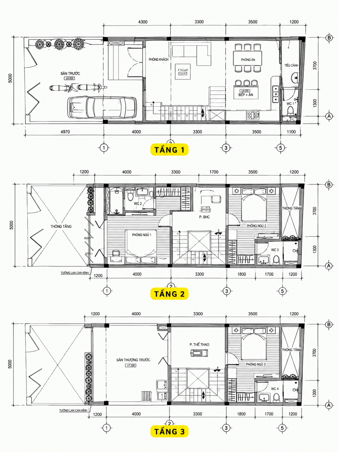 Mẫu nhà ống 3 tầng 5x20m có sân thượng mái bằng phối cảnh