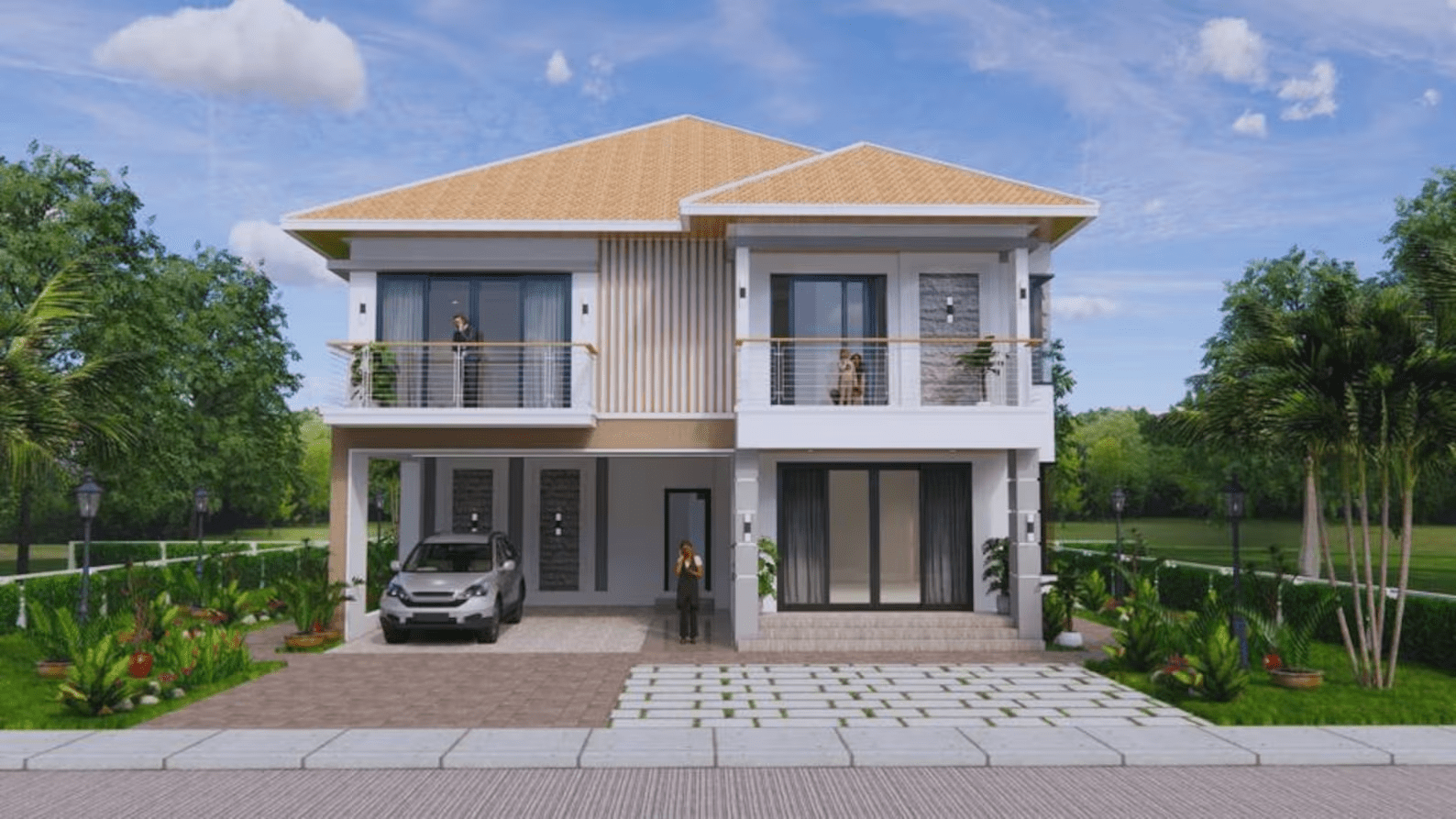 Mẫu nhà tiền chế 2 tầng hiện đại kết hợp hài hòa giữa hệ khung thép vững chãi và mảng tường ốp gỗ ấm áp