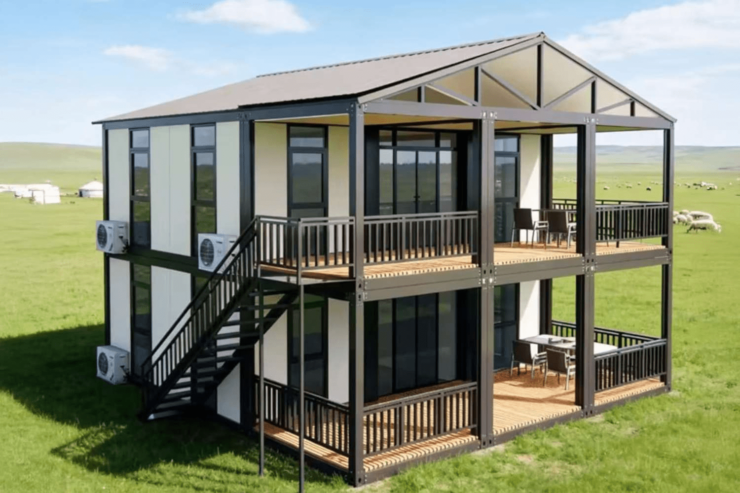 Mẫu nhà tiền chế 2 tầng hiện đại lung linh dưới ánh đèn đêm với thiết kế hình khối vuông vức, sang trọng