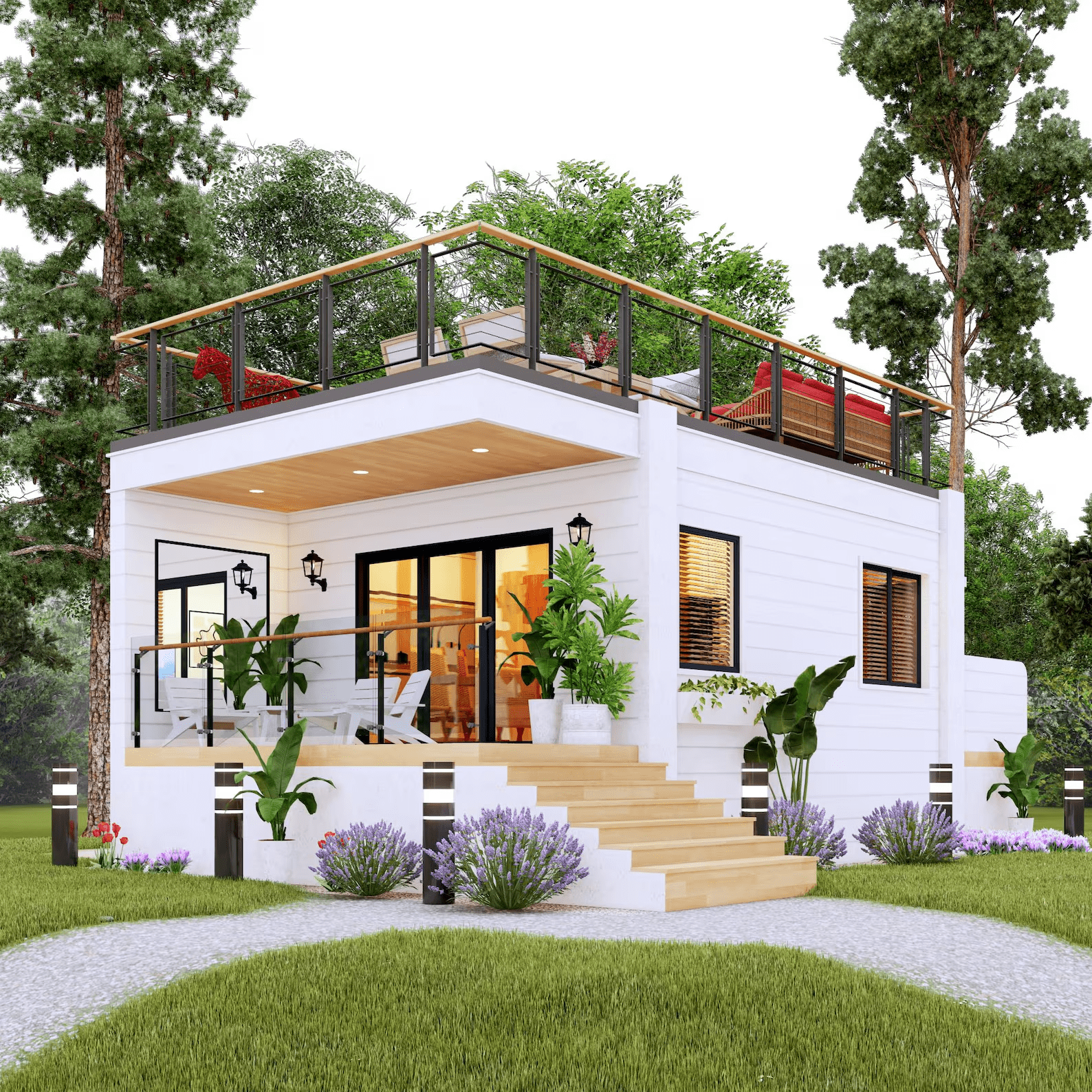 Mẫu nhà tiền chế nhỏ mang phong cách hiện đại với vách ốp gỗ sáng màu và hình khối vuông vức tối giản