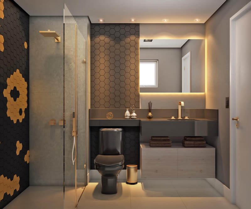 Mẫu nhà vệ sinh nhỏ đẹp tông vàng đen