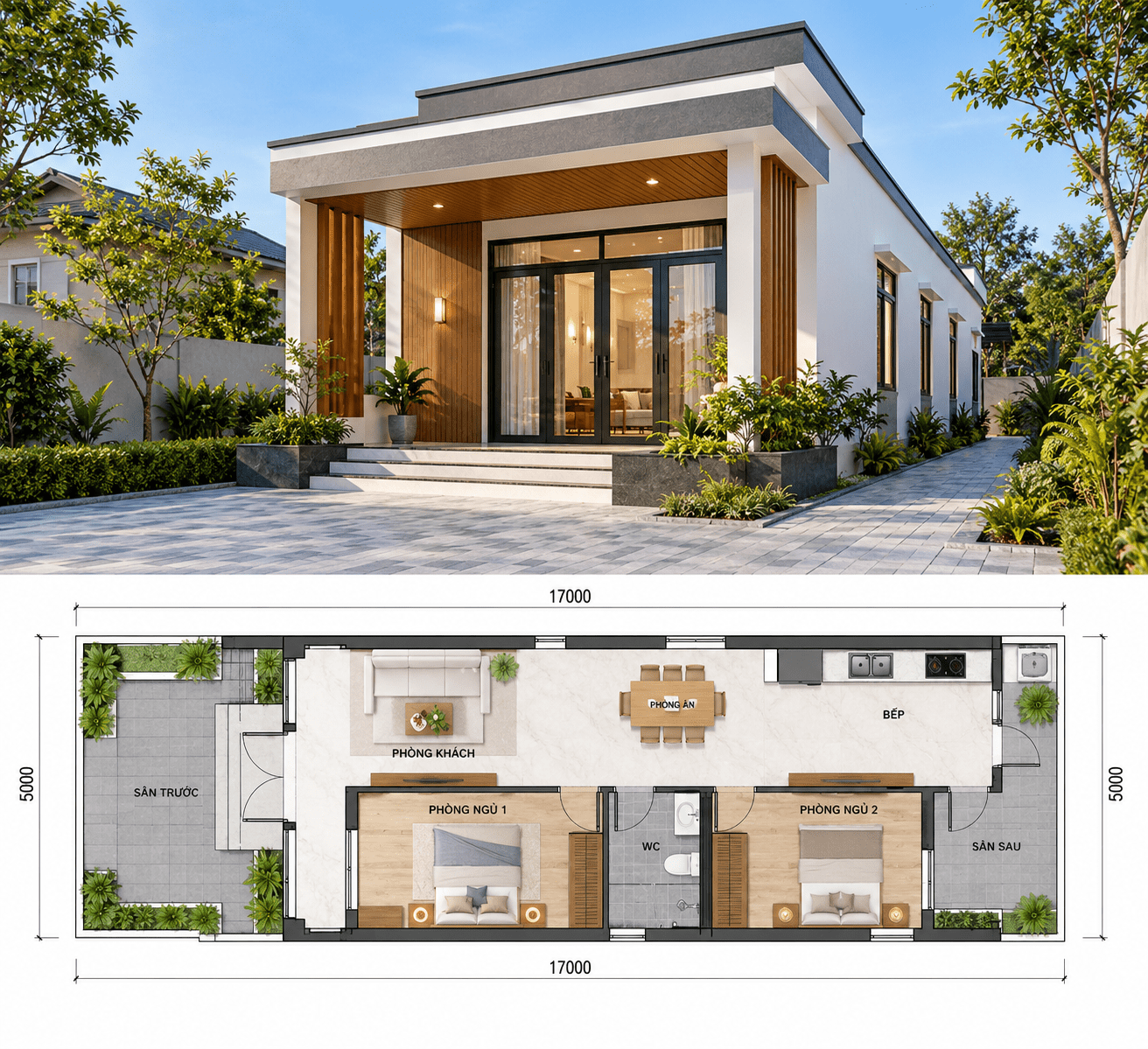 Mẫu phối cảnh và bản vẽ công năng nhà ống đẹp 5x17m