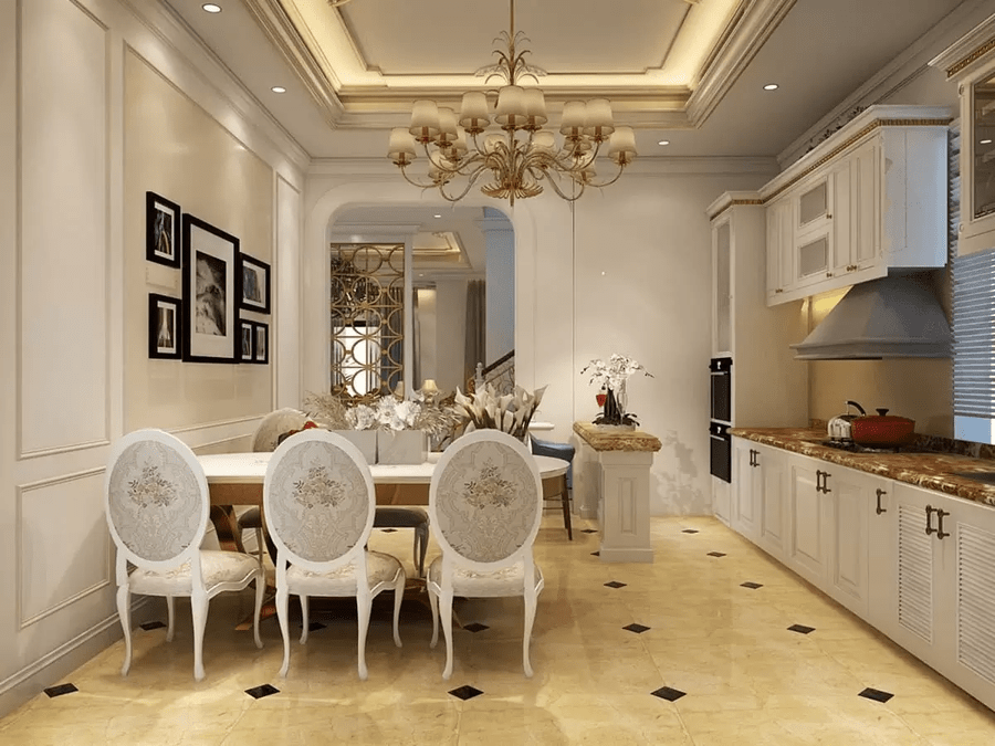  Mẫu phòng bếp nhà ống 5m với thiết kế trần thạch cao tân cổ điển sang trọng