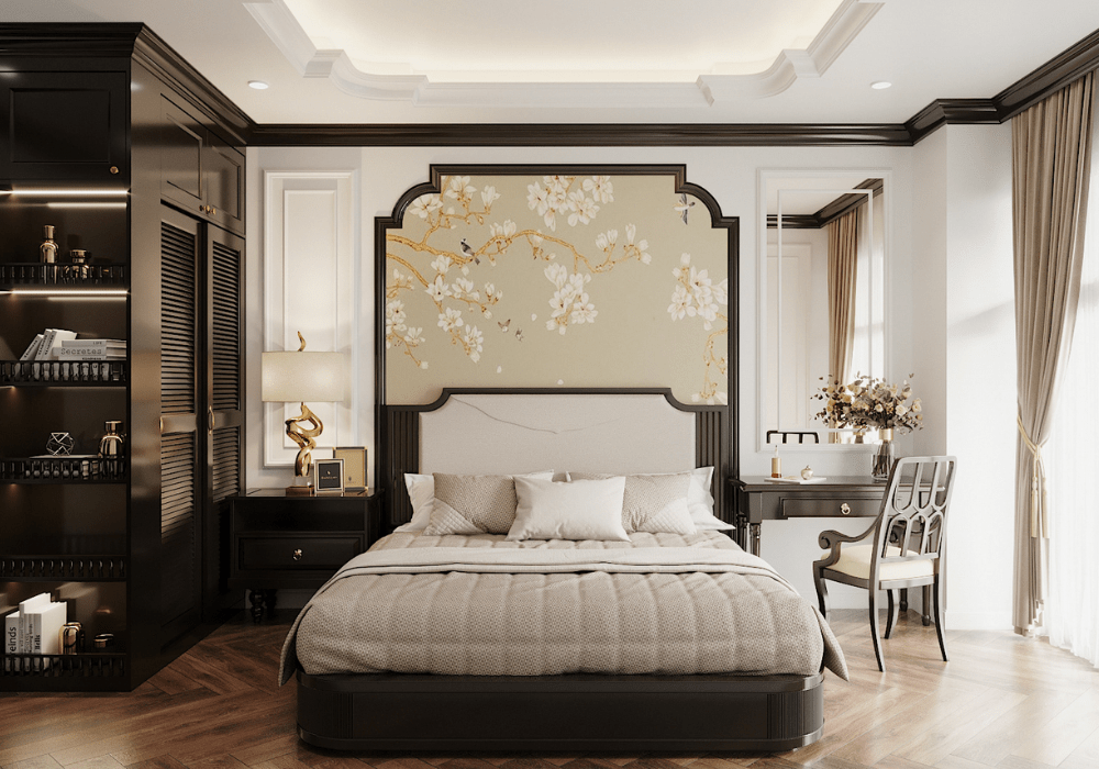 Mẫu phòng ngủ đẹp cho vợ chồng phong cách indochine nhẹ nhàng với tone màu pastel nhấn điểm