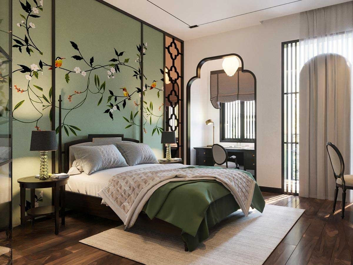 Mẫu thiết kế phòng ngủ được trang trí theo tone màu xanh patel phù hợp cho gia chủ mệnh mộc 
