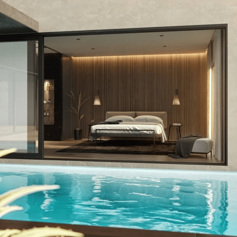 Mẫu phòng ngủ đẹp biệt thự sân vườn có view hồ bơi 