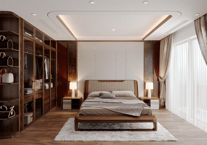 Mẫu phòng ngủ master hiện đại kết hợp nội thất gỗ ấm cúng