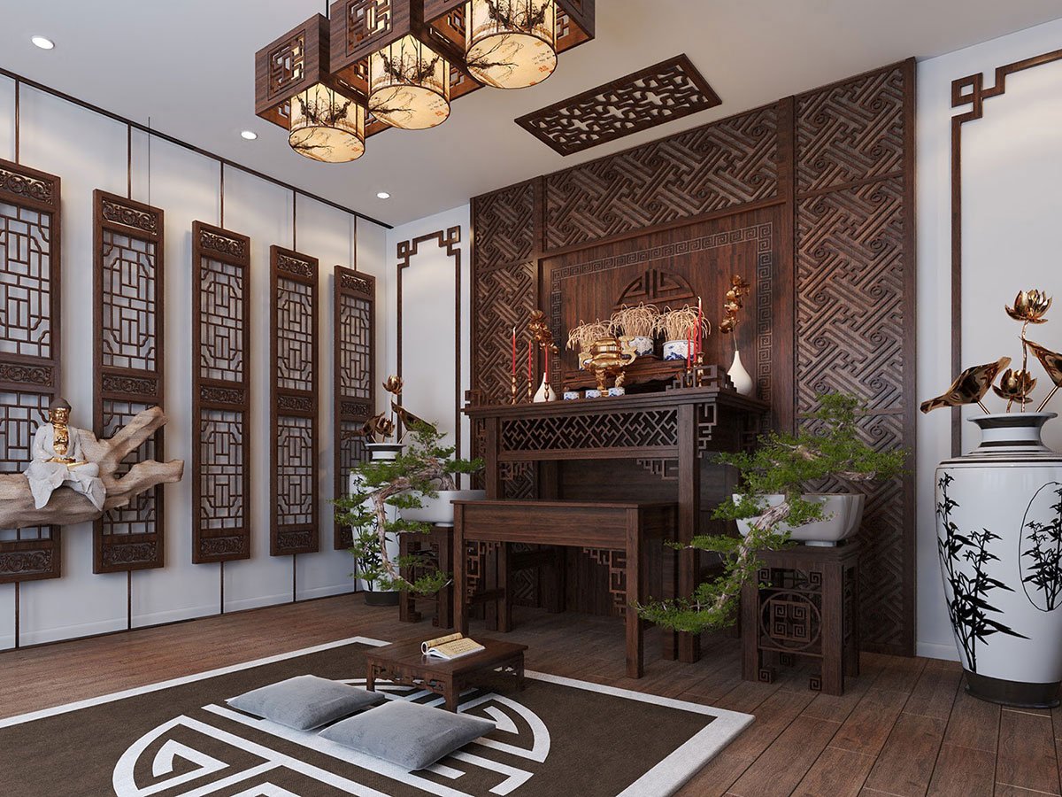Mẫu phòng thờ gia tiên trang nghiêm, đẹp 