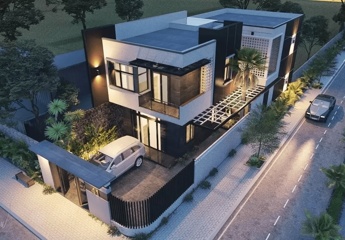 Mẫu thiết kế nhà ống 2 tầng có mặt tiền 8m rộng rãi, sang trọng có phòng khách liền bếp nhà ống tiện nghi