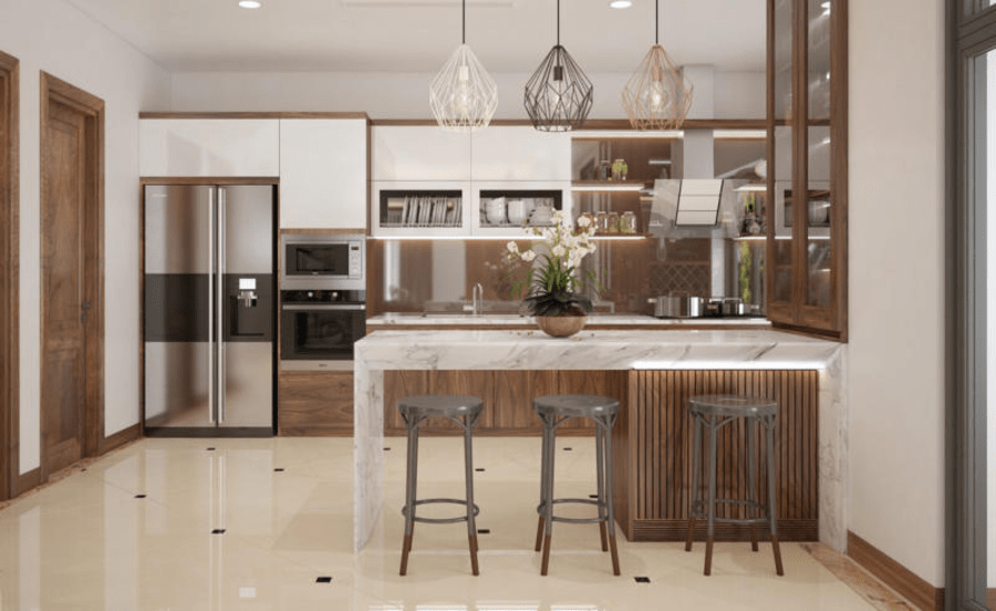 Mẫu thiết kế phòng bếp nhà ống 5m với nội thất hiện đại