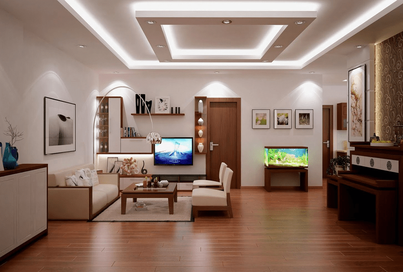 Mẫu trần thạch cao phòng khách hình chữ nhật đẹp, kết hợp hệ thống đèn