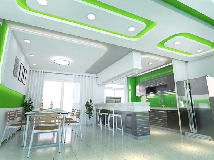 Kiểu trần thạch cao phòng bếp được thiết kế kết hợp với màu xanh tạo sự ấn tượng